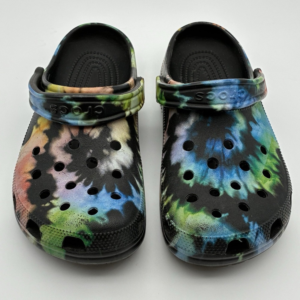 Crocs Classic Black Tie Dye Graphic Clogs Flips Slides Men's 6 Women's 8 - Picture 2 of 8